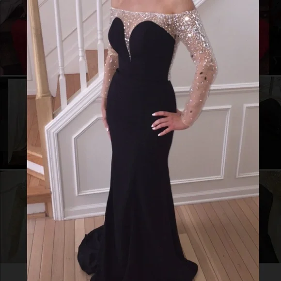 Off the shoulder black/nude with crystal dress | Size: 0-2 | w/ nude sheer shawl - Picture 1 of 9